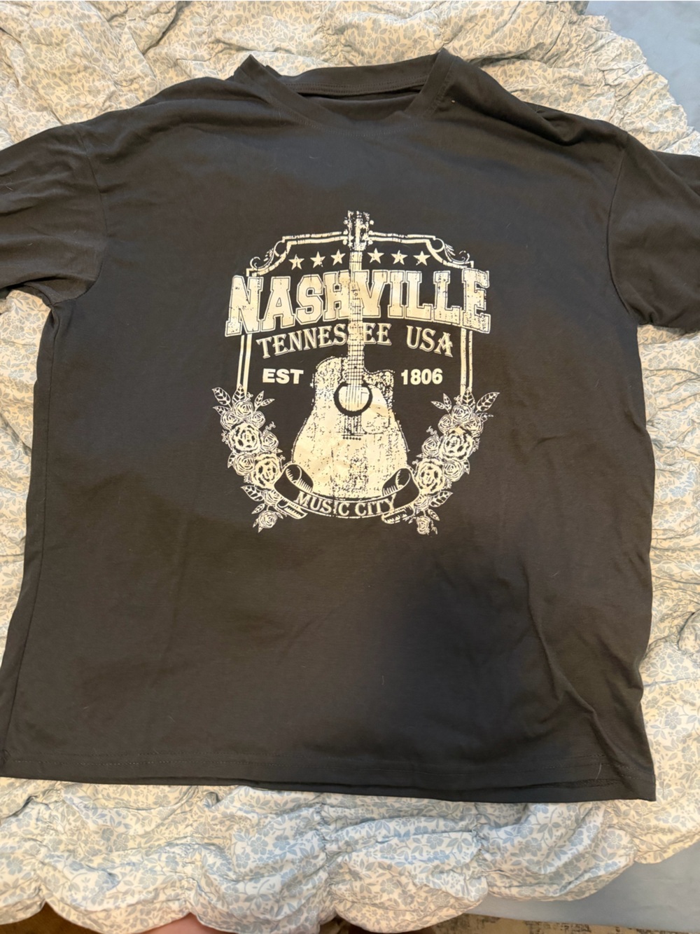 SHEIN Black Nashville Graphic Short Sleeve Tee - White Print